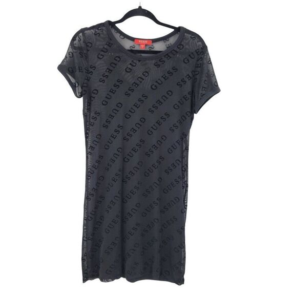 Y2K Guess Black Sheer Mesh Velvet Logo Spell Out Mini Slip‎ Dress Womens Sz M - Picture 14 of 14
